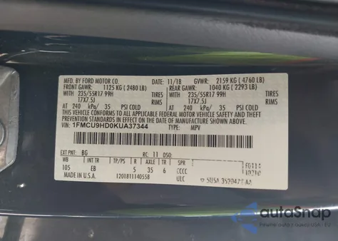 2019 Ford Escape Sel из США, поврежденный, VIN 1FMCU9HD0KUA37344